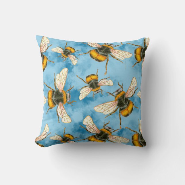  Bumble Bee Illustratie op Blauwe Wolken Kussen (Voorkant)