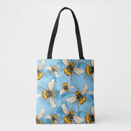  Bumble Bee Illustratie op Blauwe Wolken Tote Bag (Voorkant)