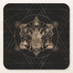Bumble Bee in Sacred Geometry - Black en Gold Kartonnen Onderzetters