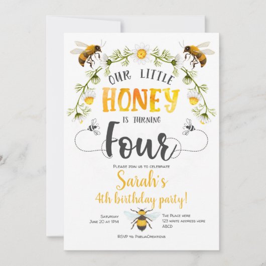 Bumble Bee. Kleine schat, Bee, 4e verjaardag Kaart (Voorkant)