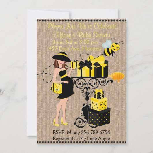 Bumble bee Lady Yellow Black Baby shower Invite Kaart (Voorkant)