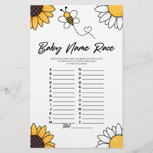 Bumble Bee Naam Race Baby shower Spelactiviteit Briefpapier (Voorkant)