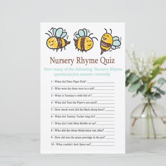 Bumble Bee Nursery Rhyme Quiz baby shower game (Staand voorkant)