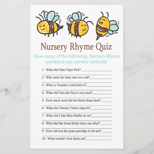 Bumble Bee Nursery Rhyme Quiz baby shower game (Voorkant)
