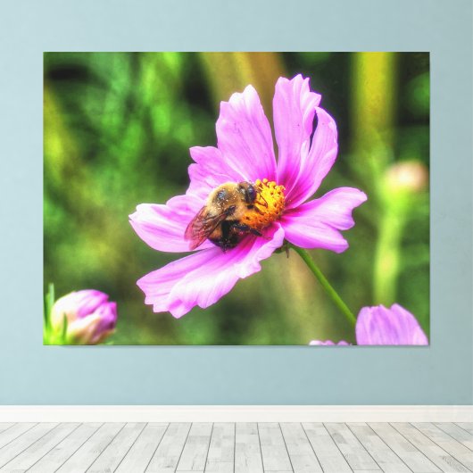 Bumble Bee. on Pink Cosmos Canvas Afdruk (Insitu (Houten vloer))