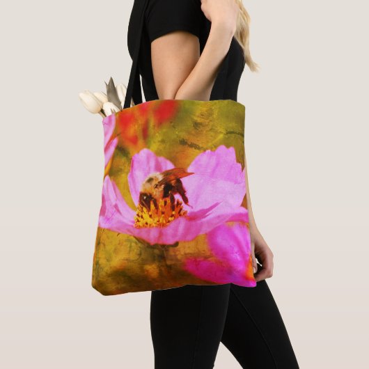 Bumble Bee On Pink Cosmos Flower Art Tote Bag (Dichtbij)