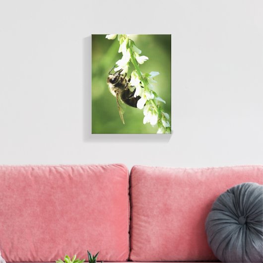 Bumble Bee on white flower Canvas Afdruk (Insitu (Woonkamer))