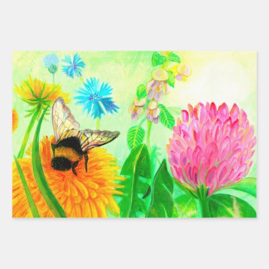 Bumble Bee op een Dandelion Flower Illustration Inpakpapier Vel (Voorkant 2)