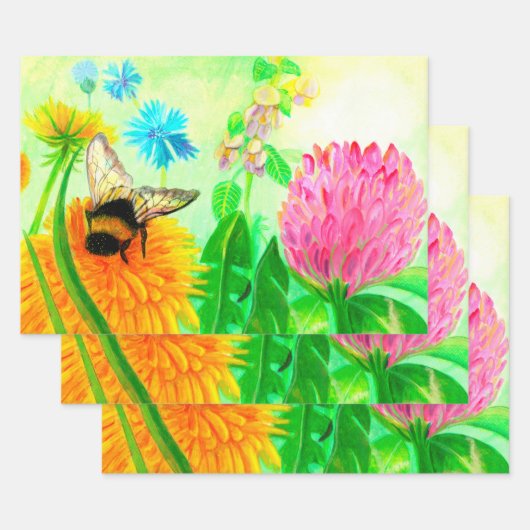 Bumble Bee op een Dandelion Flower Illustration Inpakpapier Vel (Set)