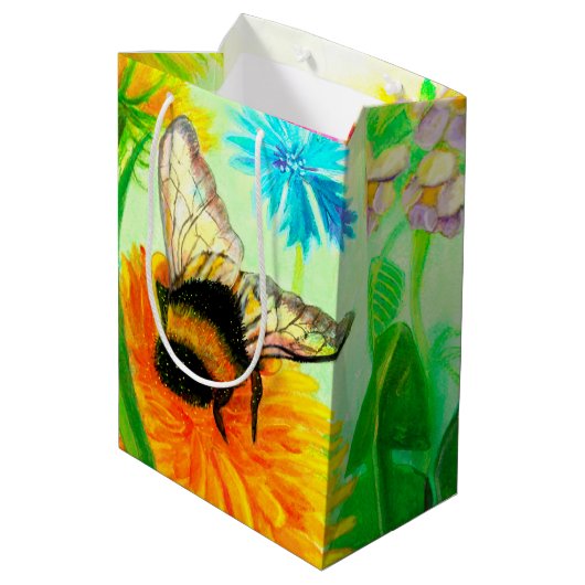 Bumble Bee op een Dandelion Flower Illustration Medium Cadeauzakje (Achterkant Gekanteld)