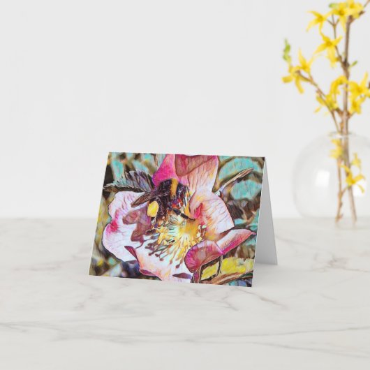 Bumble Bee op Roos olieverfschilderij Wenskaart Kaart (Gele Bloem)