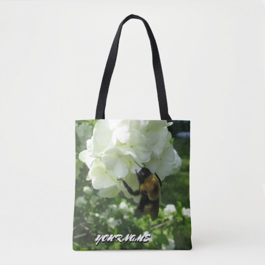 Bumble Bee op Sneeuwbal struik en jouw naam Tote Bag (Voorkant)