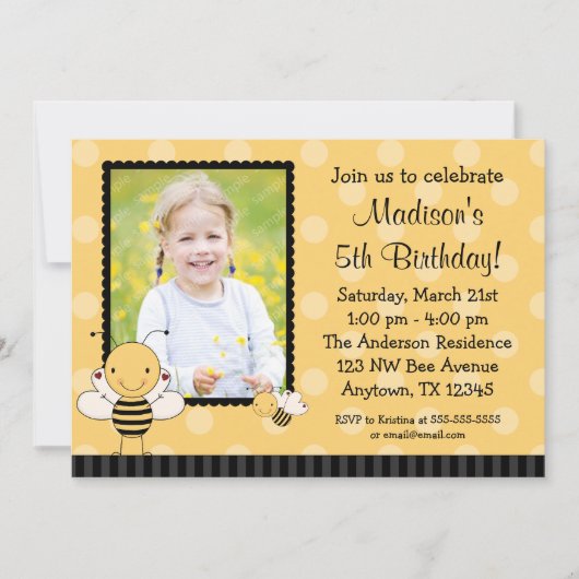 Bumble Bee Photo Birthday Party Invitations Kaart (Voorkant)