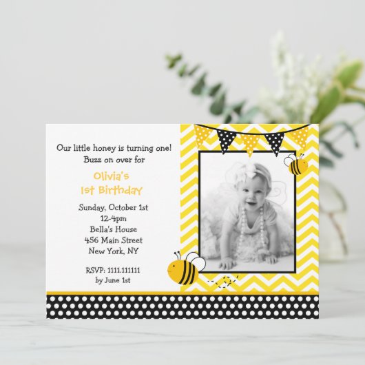 Bumble Bee Photo Birthday Party Invitations Kaart (Staand voorkant)