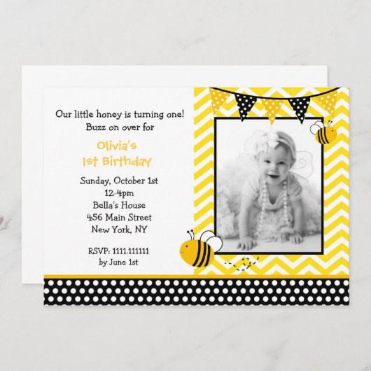 Bumble Bee Photo Birthday Party Invitations Kaart (Voorkant / Achterkant)
