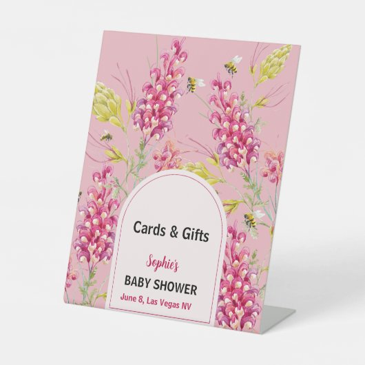 Bumble Bee Pink Florals Cards & Gift Sign Reclamebord Met Voetstuk (Voorkant)