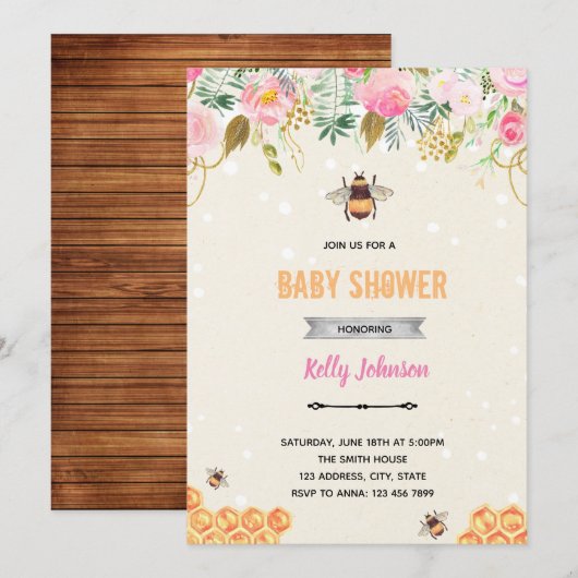 Bumble bee roze floral party kaart (Voorkant / Achterkant)