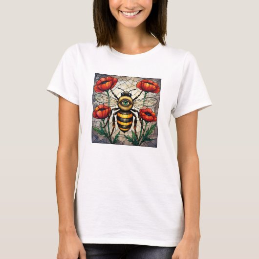 Bumble bee stained glass vibrant poppy flower eye t-shirt (Voorkant)