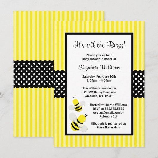 Bumble Bee Striped Stippen Baby Shower Invitations Kaart (Voorkant / Achterkant)