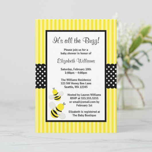 Bumble Bee Striped Stippen Baby Shower Invitations Kaart (Staand voorkant)