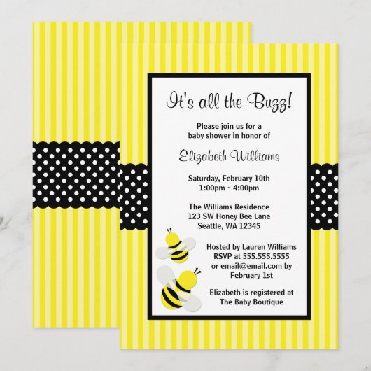 Bumble Bee Striped Stippen Baby Shower Invitations Kaart (Voorkant / Achterkant)