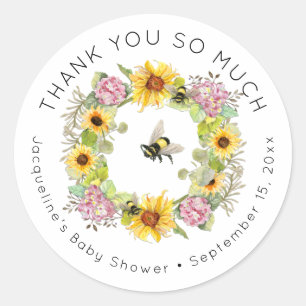 Bumble Bee Sunflower Hydrangea Florence Baby showe Ronde Sticker