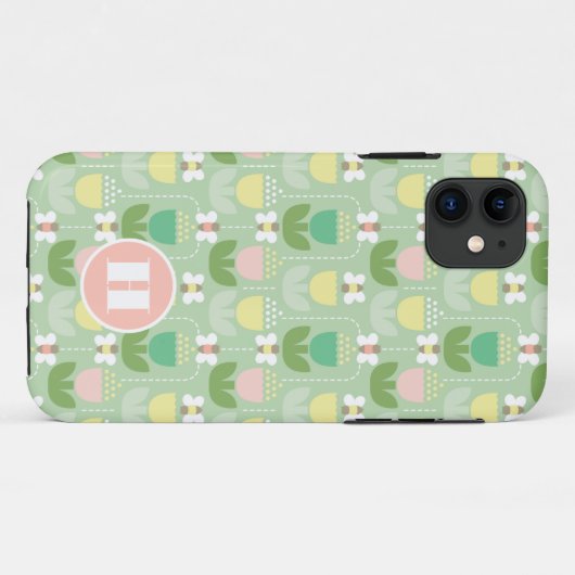 Bumble Bee & Tulips Pink & Green Monogram Initiaal Case-Mate iPhone Case (Achterkant (horizontaal))