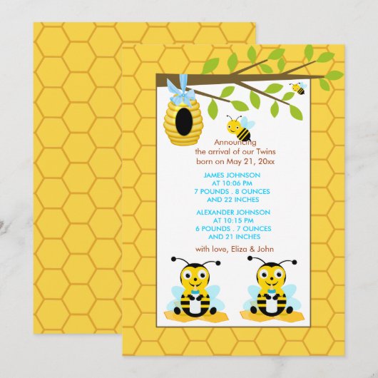 Bumble bee Twins Boy Baby Geboorteaankondiging Aankondiging (Voorkant / Achterkant)