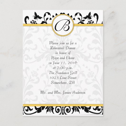 Bumble Bee Yellow Damask Rehearsal Dinner Briefkaart (Voorkant)