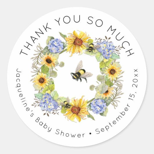 Bumble Bee Zonnebloem Blauw Hydrangea Baby shower Ronde Sticker (Voorkant)
