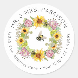Bumble Bee Zonnebloem Hydrangea Bloemen Adres Ronde Sticker