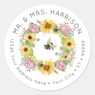 Bumble Bee Zonnebloem Hydrangea Bloemen Adres Ronde Sticker