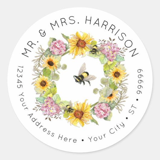 Bumble Bee Zonnebloem Hydrangea Bloemen Adres Ronde Sticker (Voorkant)