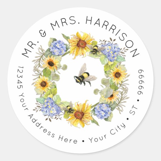 Bumble Bee Zonnebloem Hydrangea Bloemen Adresklass Ronde Sticker (Voorkant)