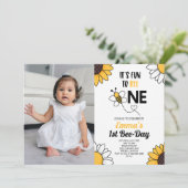 Bumble Bee Zonnebloemen Eerste 1e Verjaardagsfeest Kaart (Staand voorkant)