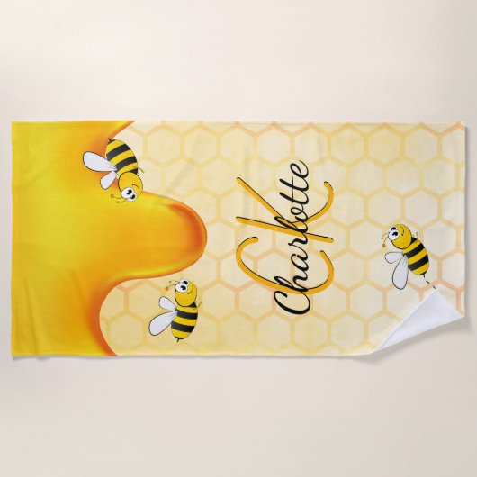 Bumble bees honeycomb honey dripping monogram strandlaken (Voorkant)