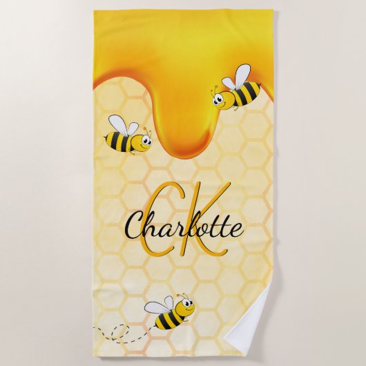Bumble bees honeycomb honey dripping monogram strandlaken (Voorkant)