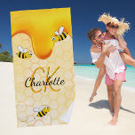 Bumble bees honeycomb honey dripping monogram strandlaken<br><div class="desc">Yellow,  white background with a bee honeycomb pattern and happy smiling bumble bees. Decorated with sweet,  golden honey dripping. Personalize and add your name and monogram initials,  golden and black letters.  The name is written with a hand lettered style script. Perfect for your summer home!</div>