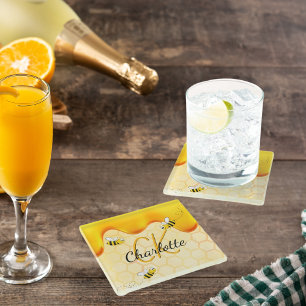 Bumble bees honingraat honingraat druppelmonogram glazen onderzetter