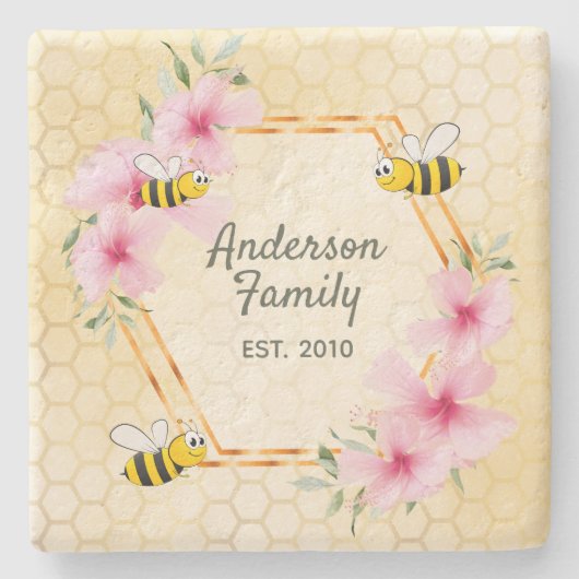 Bumble bees roze florals stenen onderzetter (Voorkant)