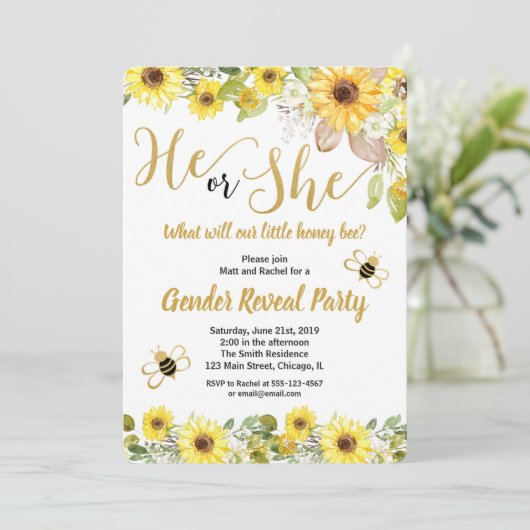 Bumble bei and sunflower gender onthullen uitnodig kaart (Staand voorkant)