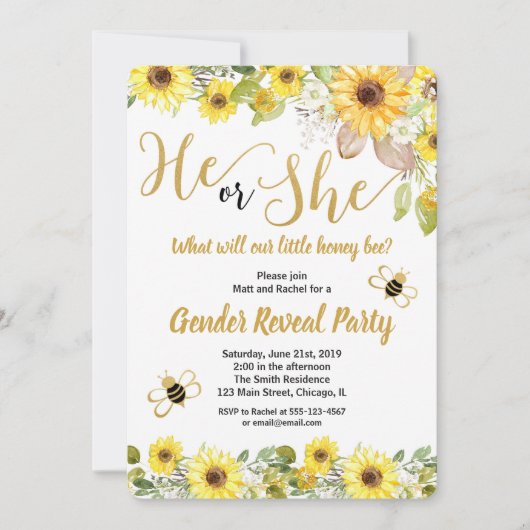 Bumble bei and sunflower gender onthullen uitnodig kaart (Voorkant)
