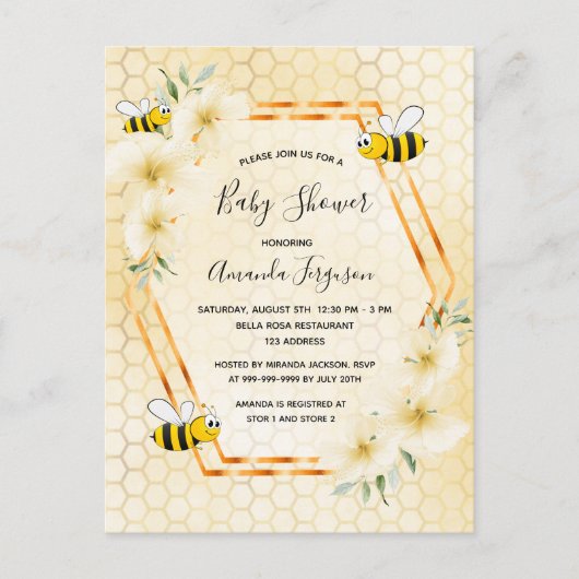 Bumble bei honeycomb floral baby shower-uitnodigin briefkaart (Voorkant)