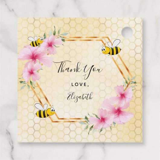 Bumble bei honeycomb roze florals baby shower bedankjes labels (Achterkant)