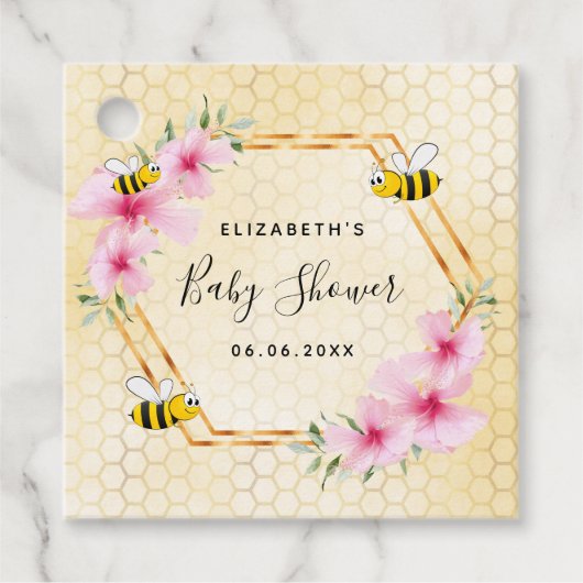Bumble bei honeycomb roze florals baby shower bedankjes labels (Voorkant)