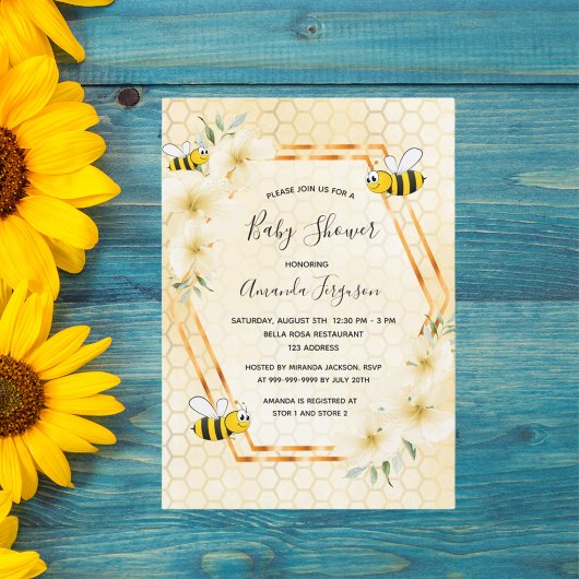 Bumble bei honeycomb tropical florals baby shower kaart