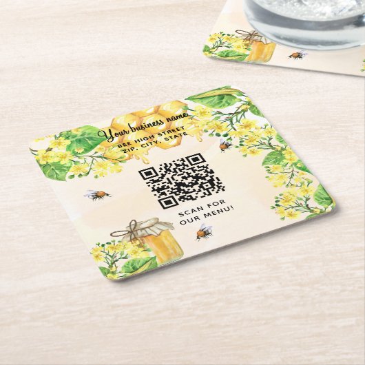 Bumble beien honey yellow floral business qcode kartonnen onderzetters (Schuin)