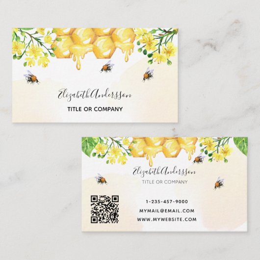Bumble beien honey yellow floral qcode visitekaartje (Voorkant / Achterkant)