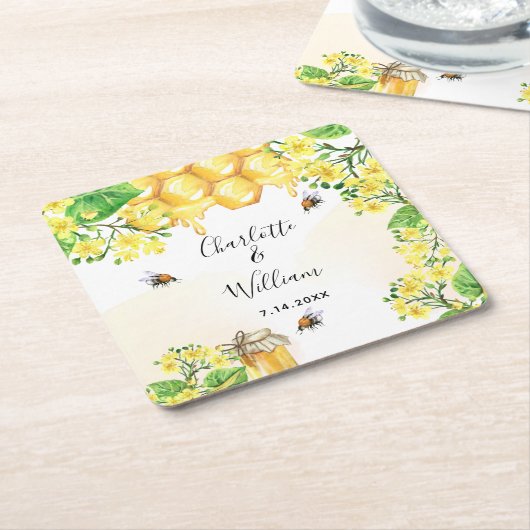 Bumble beien honey yellow florals bruiloft kartonnen onderzetters (Schuin)