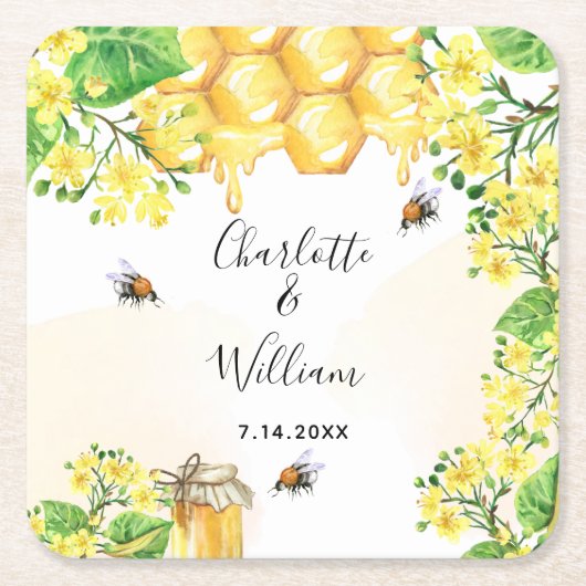 Bumble beien honey yellow florals bruiloft kartonnen onderzetters (Voorkant)